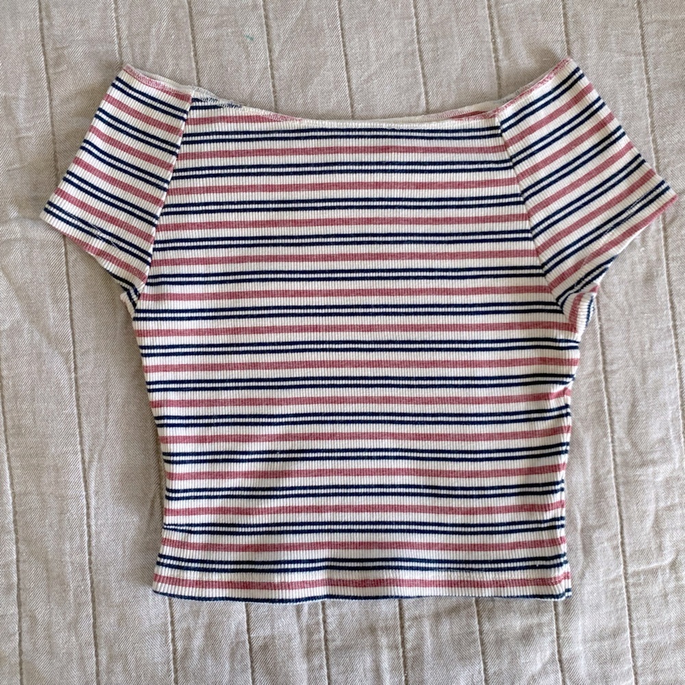 Brandy Melville - Striped Off the Shoulder Cropped Top in Cream, Pink, & Black